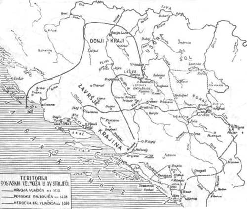 The territories of Bosnian lords in the 15th century (F. Sisic - Povijest Hrvata u vrijeme narodnih vladara) 