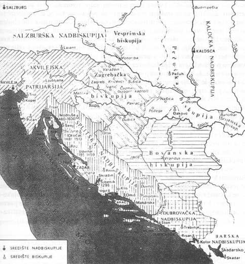 Map 22. The territorial oganisation of churches in Croatia and Bosnia